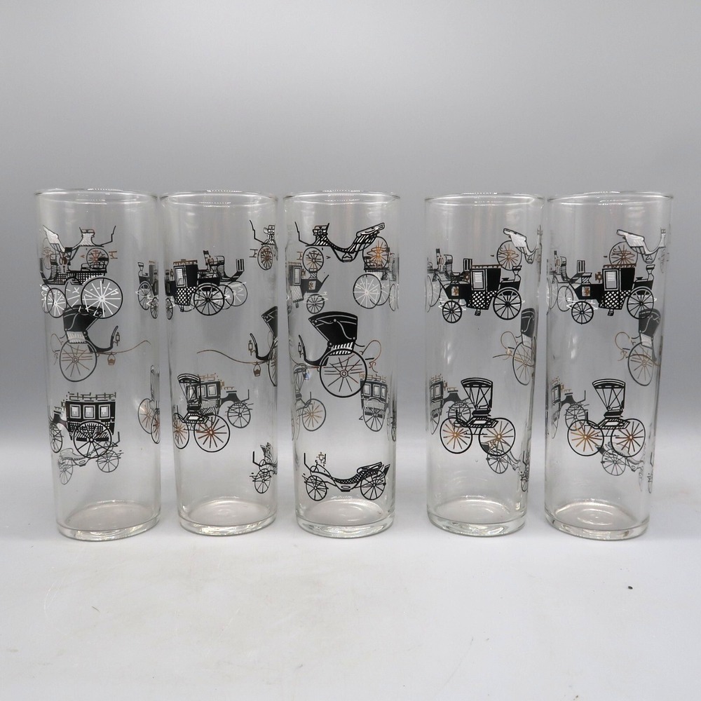 5 Vintage Libbey Black Gold Carriage Drinking Glasses Highball Bar Tom Collins